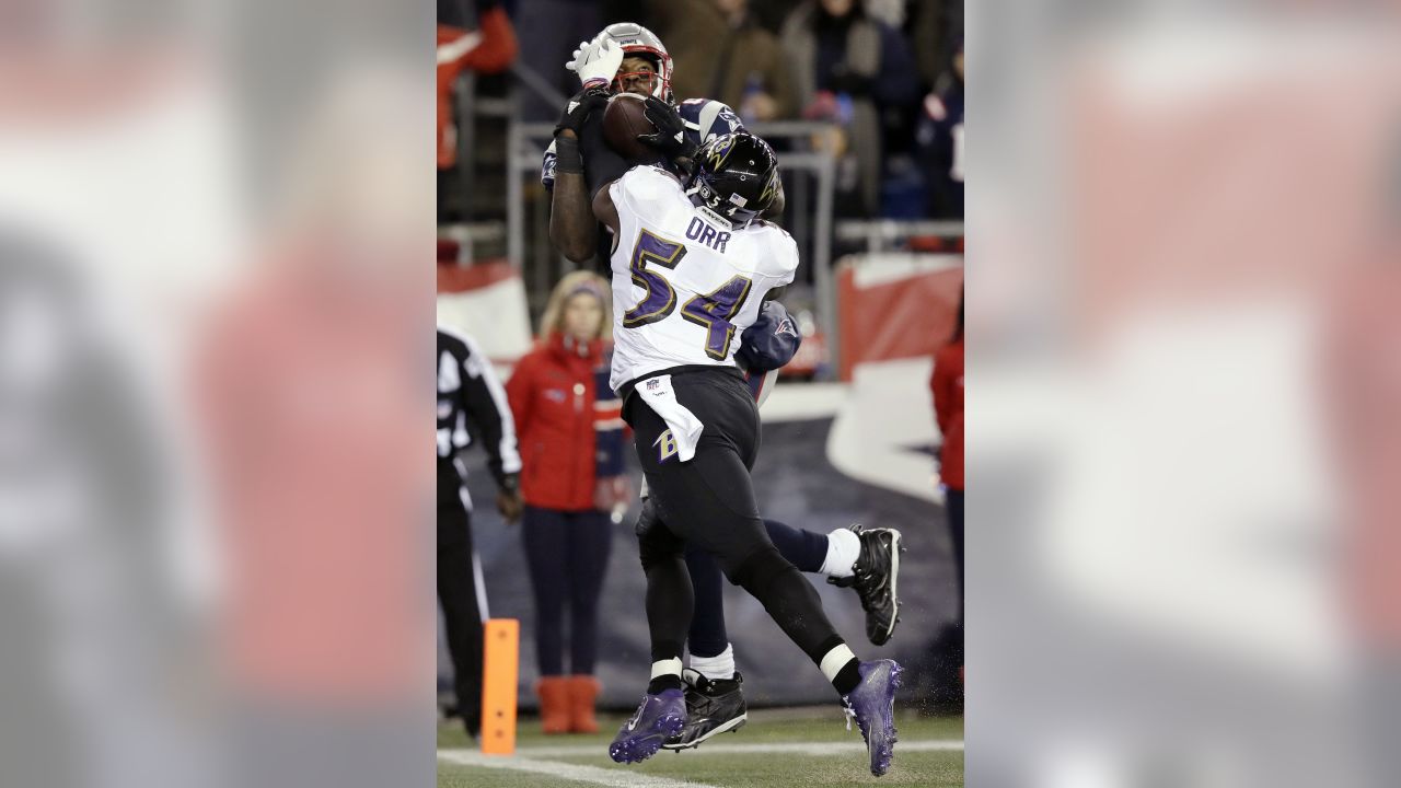 New England Patriots tight end Martellus Bennett, rear, catches a touchdown  pass as Baltimore Ravens linebacker Zachary Orr defends during the second  half of an NFL football game, Monday, Dec. 12, 2016