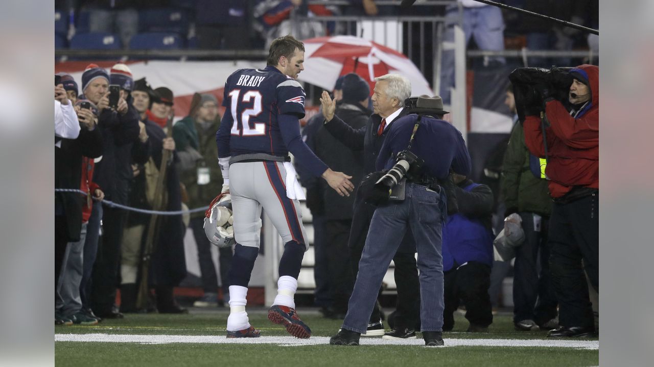 New England Patriots quarterback Tom Brady (12) smiles on the sideline in  the fourth quarter against the Houston Texans at Gillette Stadium in  Foxborough, Massachusetts on December 10, 2012. The Patriots defeated