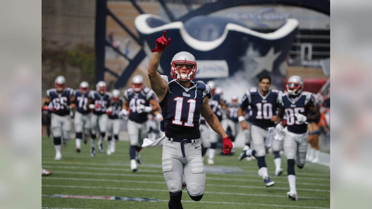 October 20, 2013: New England Patriots wide receiver Julian Edelman (11)  looks on with his helmet off during warm-ups prior to the NFL game between  the New England Patriots and the New