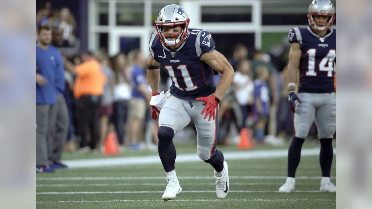 New England Patriots wide receiver Julian Edelman runs a pass route against  the New York Giants in the first half of an NFL preseason football game,  Thursday, Aug. 29, 2019, in Foxborough