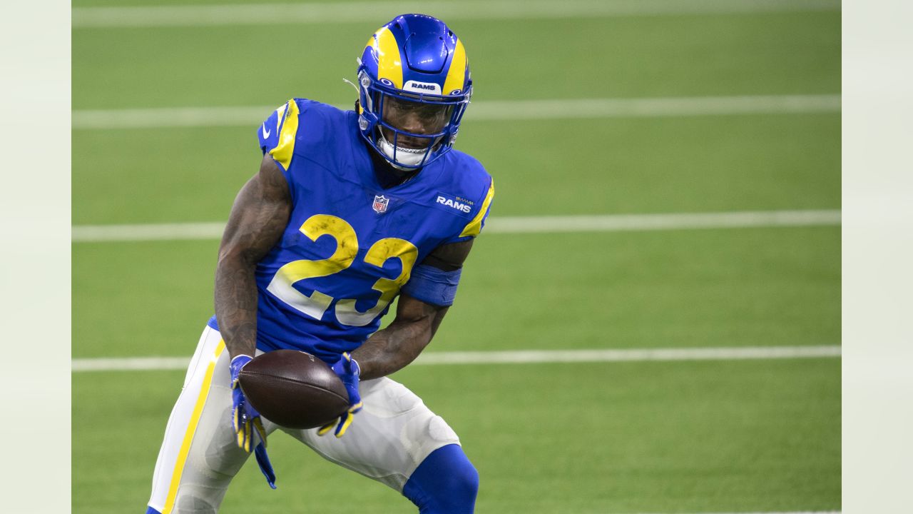 Los Angeles Rams running back Cam Akers (3) warms up before an NFL