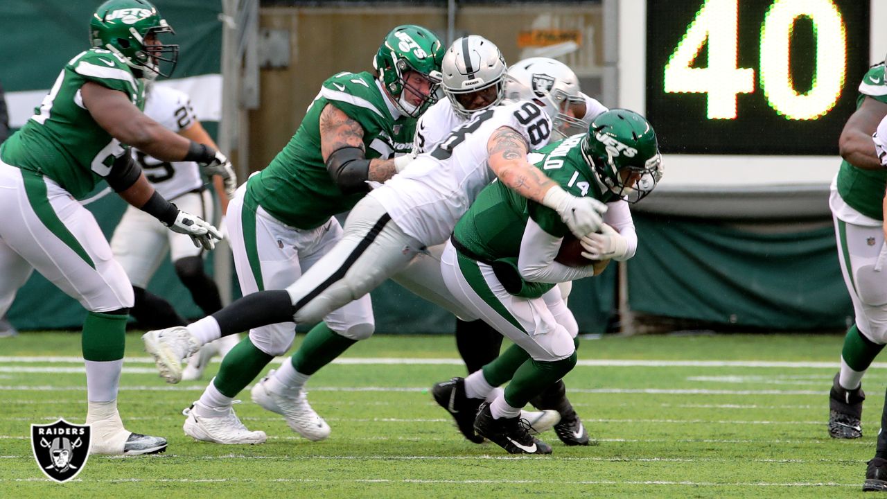 East Rutherford, New Jersey, USA. 24th Nov, 2019. Oakland Raiders defensive  end Clelin Ferrell (96) during a NFL game between the Oakland Raiders and  the New York Jets at MetLife Stadium in