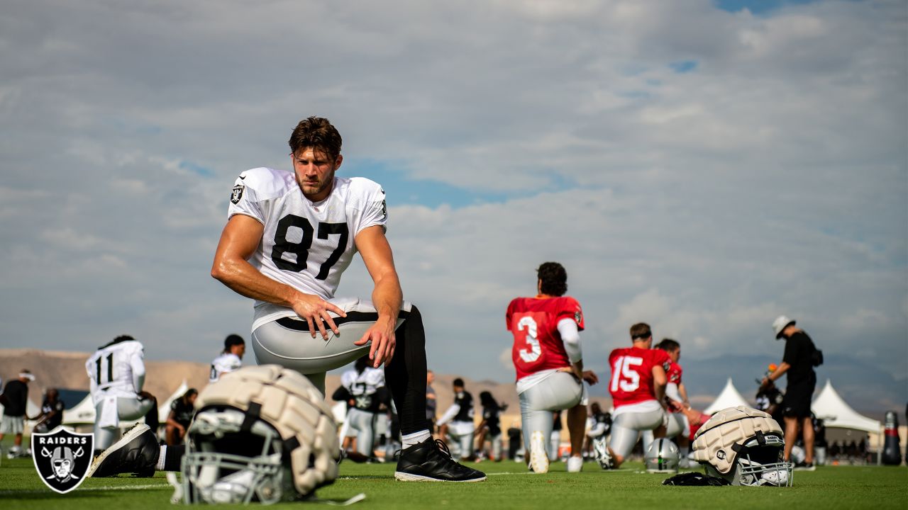 Raiders safety Trevon Moehrig (25) makes a leaping catch during a special  training camp practic …