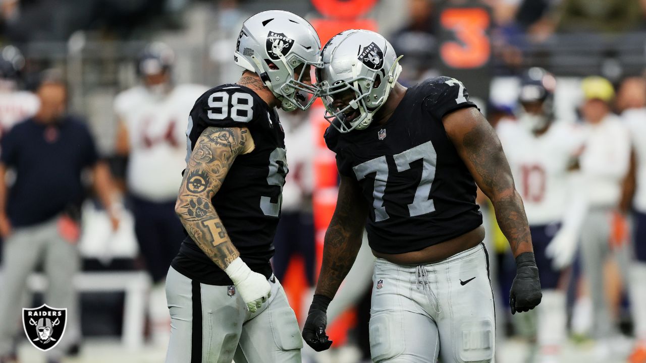 Las Vegas Raiders defensive end Maxx Crosby (98) reacts after a play in the  second half of an N …