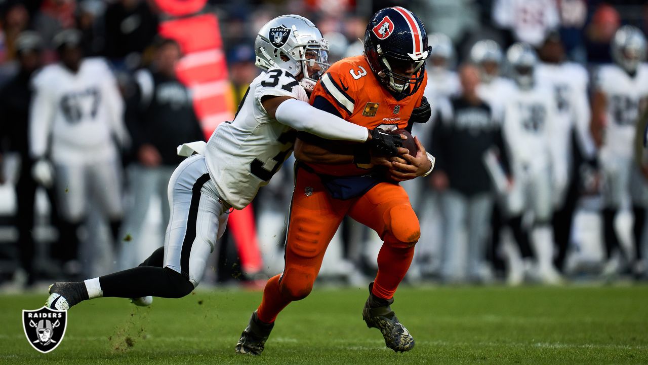 Las Vegas Raiders' Tyler Hall (37) sacks Denver Broncos