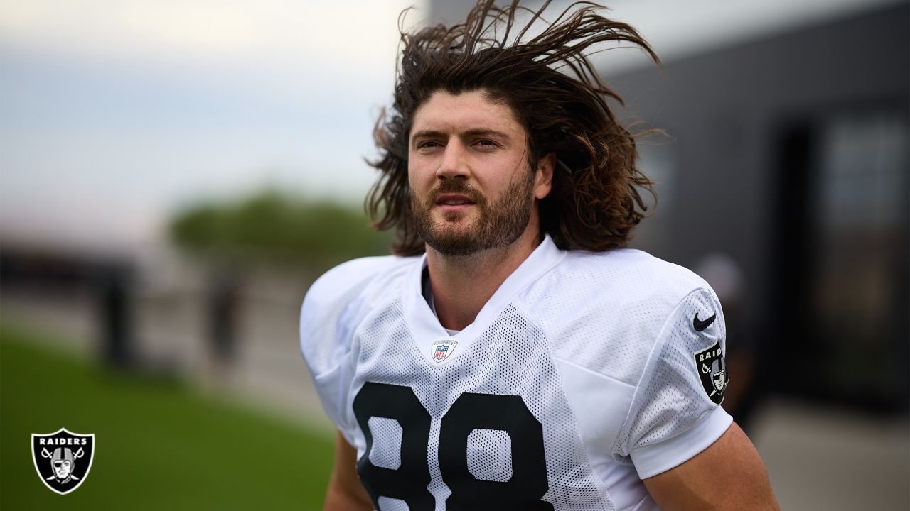 Raiders safety Trevon Moehrig (25) makes a leaping catch during a special  training camp practic …