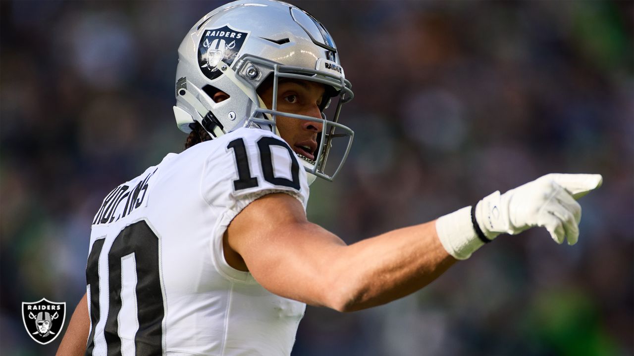 Las Vegas Raiders wide receiver Mack Hollins (10) looks down field during  an NFL football game against the Seattle Seahawks, Sunday, Nov. 27, 2022,  in Seattle, WA. The Raiders defeated the Seahawks