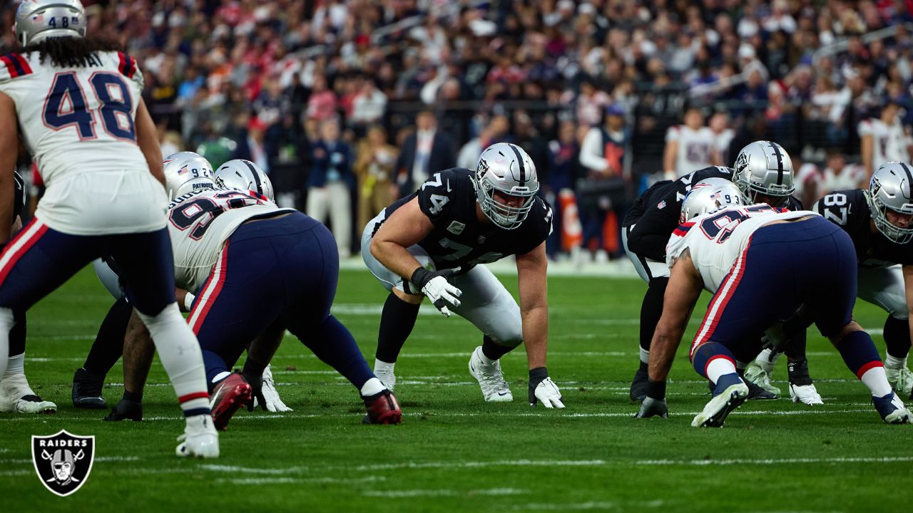 Las Vegas Raiders offensive tackle Kolton Miller (74) warms up before an  NFL preseason football game against the New England Patriots, Friday, Aug.  26, 2022, in Las Vegas. (AP Photo/John Locher Stock