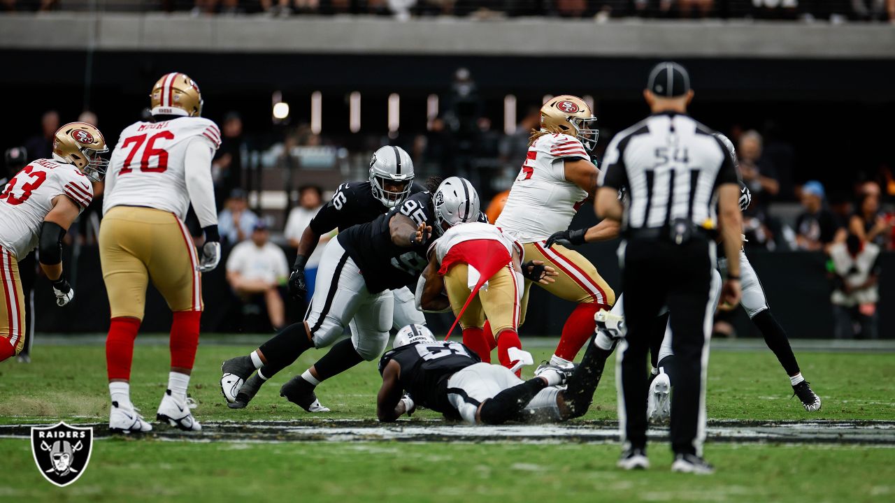 Las Vegas Raiders safety Roderic Teamer (33) celebrates a defensive stop  against the San Francisco 49ers during the first half of an NFL preseason  football game, Sunday, Aug. 13, 2023, in Las