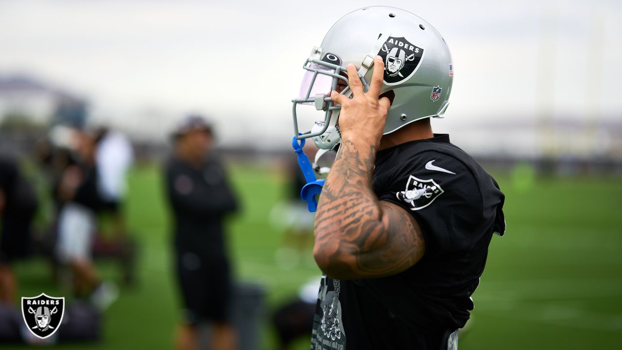 Las Vegas Raiders safety Chris Smith II (42) is seen during warm ups before  an NFL preseason football game against the Dallas Cowboys, Saturday, Aug.  26, 2023, in Arlington, Texas. Dallas won