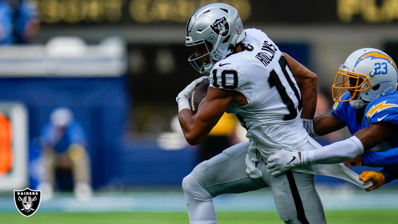 Las Vegas Raiders defensive tackle Bilal Nichols (91) reacts after a  touchdown against the Los Angeles Chargers during the first half of an NFL  football game, Sunday, Dec. 4, 2022, in Las