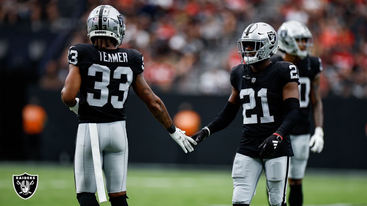 Las Vegas Raiders safety Roderic Teamer (33) celebrates a defensive stop  against the San Francisco 49ers during the first half of an NFL preseason  football game, Sunday, Aug. 13, 2023, in Las