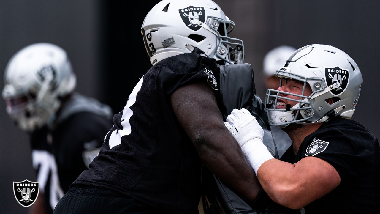 Las Vegas Raiders offensive tackle Kamaal Seymour (63), running