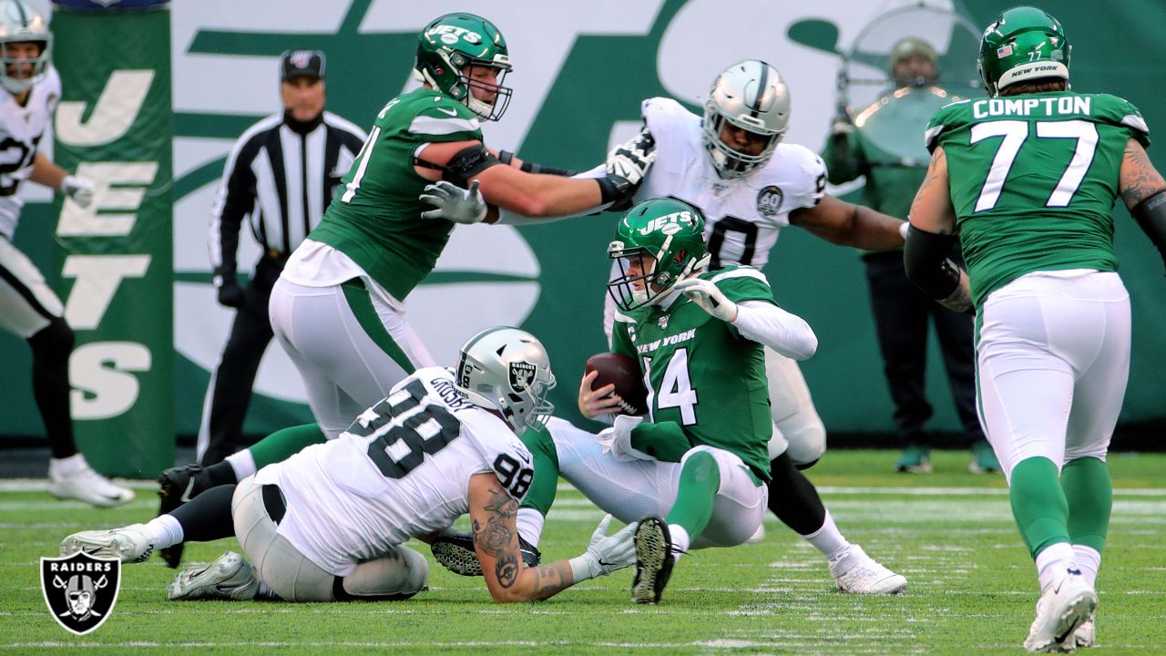 East Rutherford, New Jersey, USA. 24th Nov, 2019. Oakland Raiders defensive  end Clelin Ferrell (96) during a NFL game between the Oakland Raiders and  the New York Jets at MetLife Stadium in