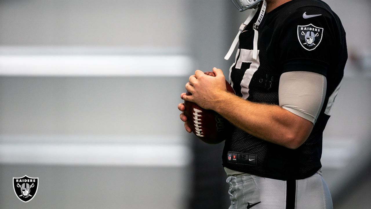 A view of the back of the Raiders helmet worn by Las Vegas Raiders long  snapper Trent Sieg (47) …