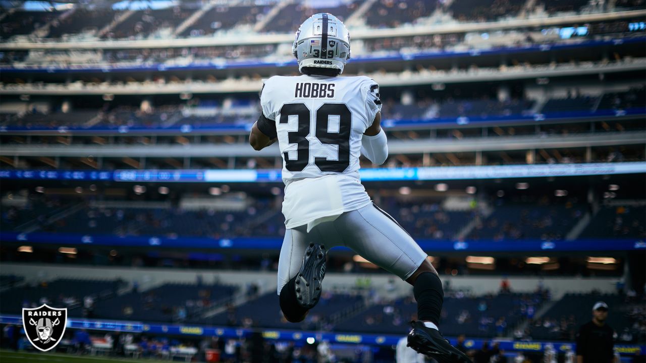 Las Vegas Raiders cornerback Nate Hobbs (39) is seen during warm