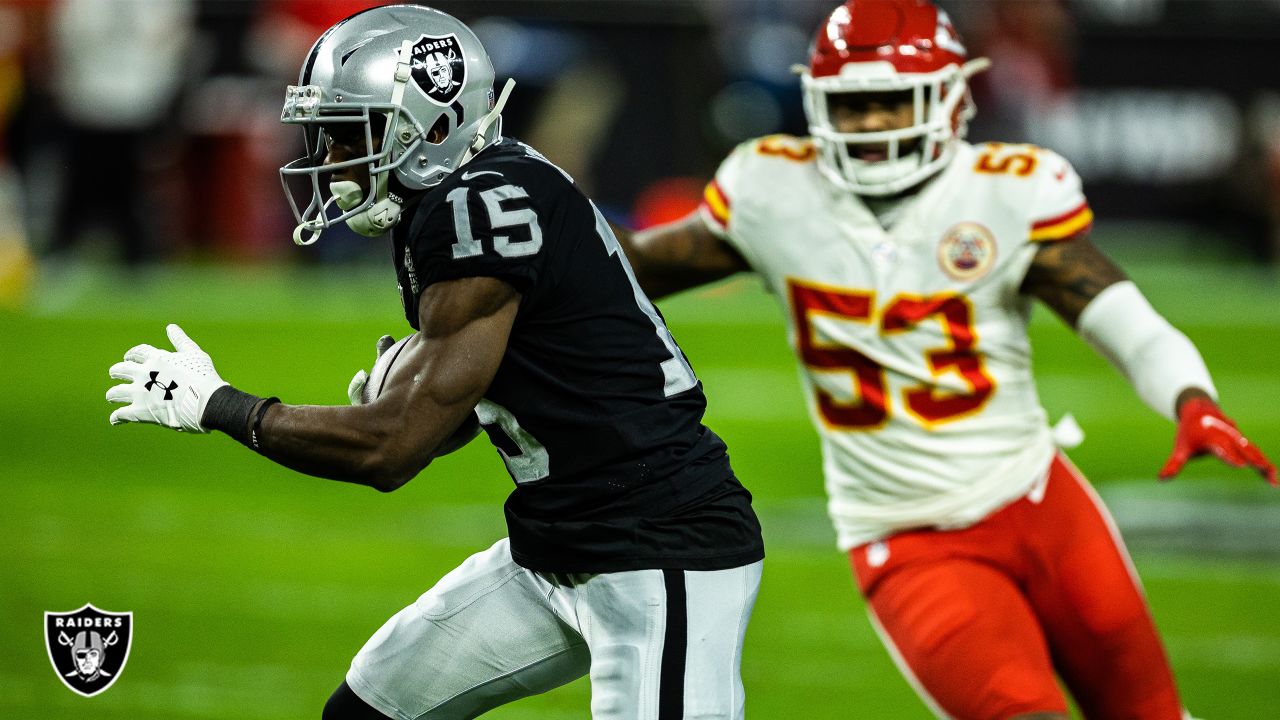 Las Vegas Raiders wide receiver Nelson Agholor (15) warms up before the  start of an NFL footbal …