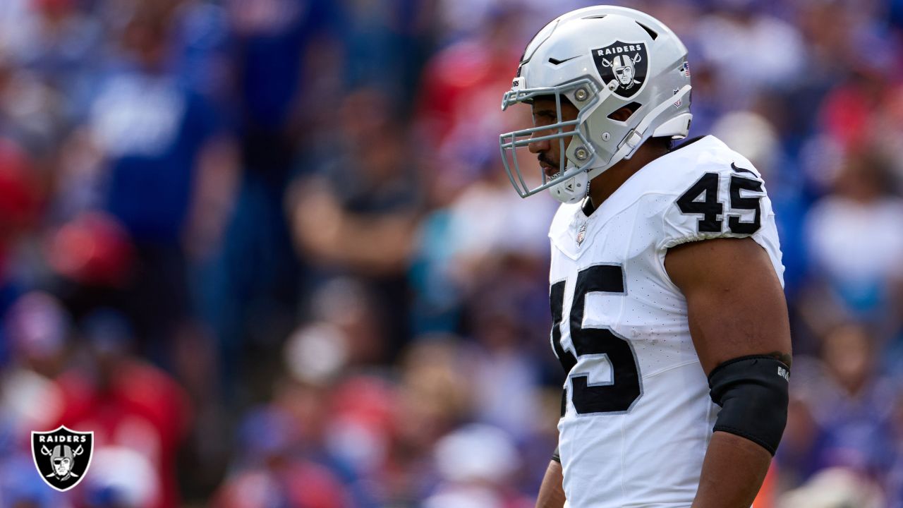 Las Vegas Raiders fullback Jakob Johnson (45) leaves the field against the  Indianapolis Colts during the