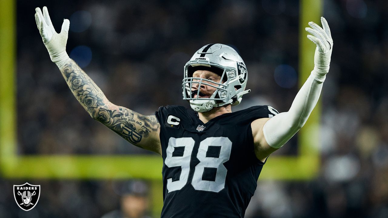 Raiders defensive end Maxx Crosby (98) poses during the second half of an  NFL football game aga …