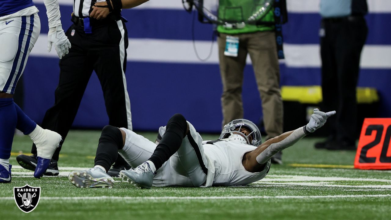 Zay Jones of the Las Vegas Raiders can't make the catch as Bobby