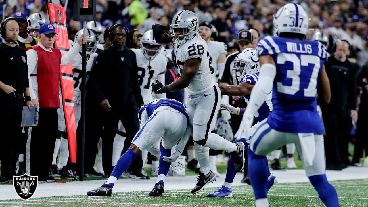 Indianapolis, Indiana, USA. 02nd Jan, 2022. Las Vegas Raiders running back  Josh Jacobs (28) during pregame of NFL football game action between the Las  Vegas Raiders and the Indianapolis Colts at Lucas