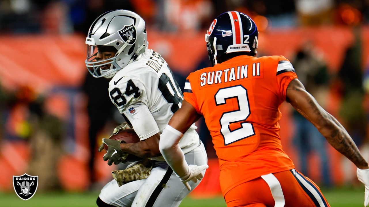 Las Vegas Raiders defensive end Maxx Crosby (98) looks on against the  Denver Broncos during an NFL football game Sunday, Sept. 10, 2023, in  Denver. (AP Photo/Jack Dempsey Stock Photo - Alamy