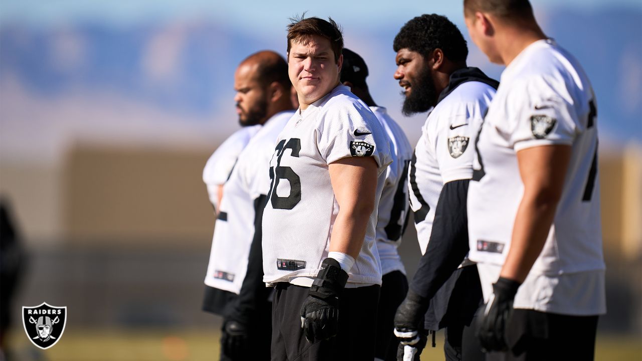 Raiders long snapper Carson Tinker (46) looks on during practice