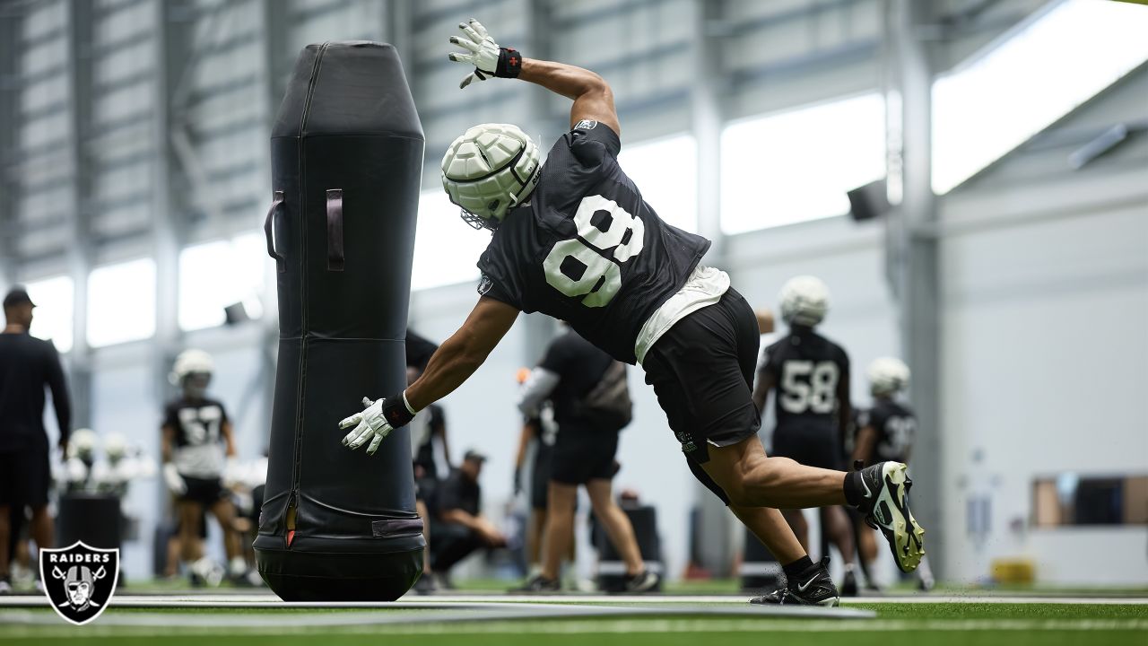 Las Vegas Raiders safety Isaiah Pola-Mao (20) is seen during warm ups  before an NFL preseason football game against the Dallas Cowboys, Saturday,  Aug. 26, 2023, in Arlington, Texas. Dallas won 31-16. (