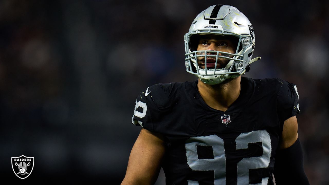 Las Vegas Raiders defensive end Solomon Thomas leaves the field after the  Raiders lost to the Los Angeles Chargers 28-14 in an NFL football game  Monday, Oct. 4, 2021, in Inglewood, Calif. (