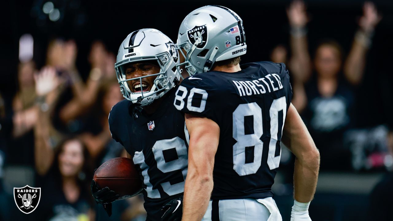 Las Vegas Raiders wide receiver DJ Turner (19) leaves the field after an  NFL football game against the New Orleans Saints in New Orleans, Sunday, Oct.  30, 2022. (AP Photo/Matthew Hinton Stock