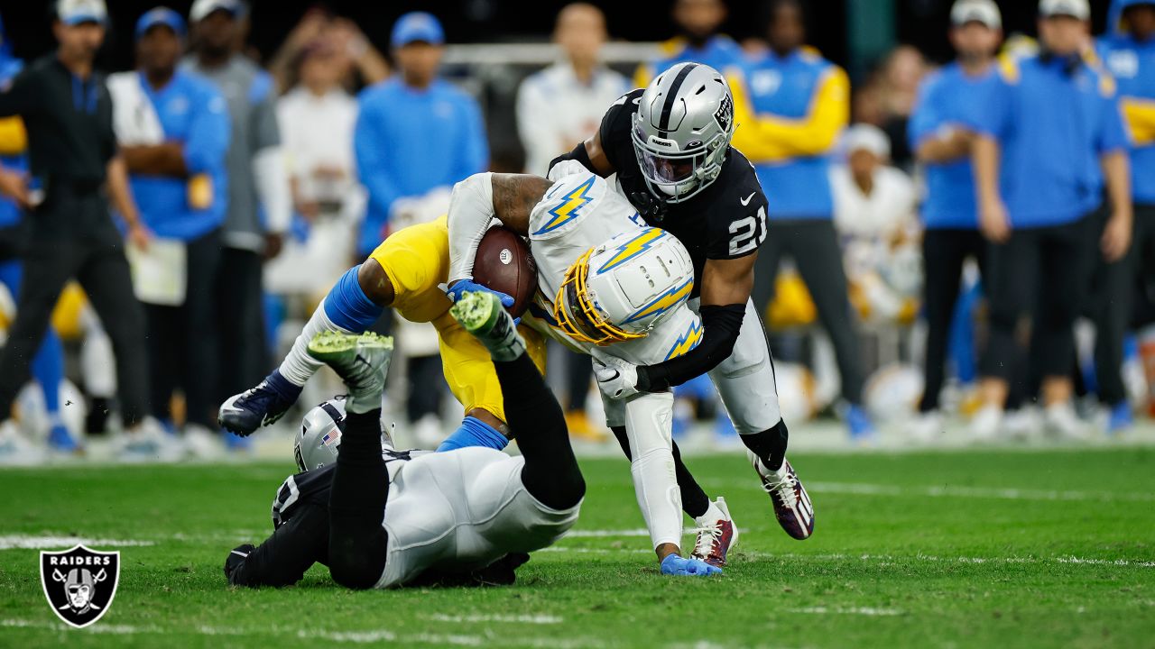 Los Angeles Chargers tight end Tre' McKitty (88) is tackled by Las Vegas  Raiders cornerback Nate Hobbs (39) during the first half of an NFL football  game, Sunday, Dec. 4, 2022, in