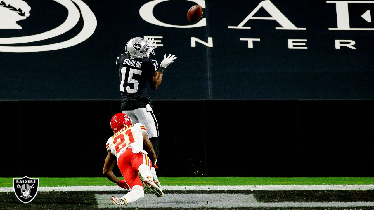 Las Vegas Raiders wide receiver Nelson Agholor (15) warms up before the  start of an NFL footbal …