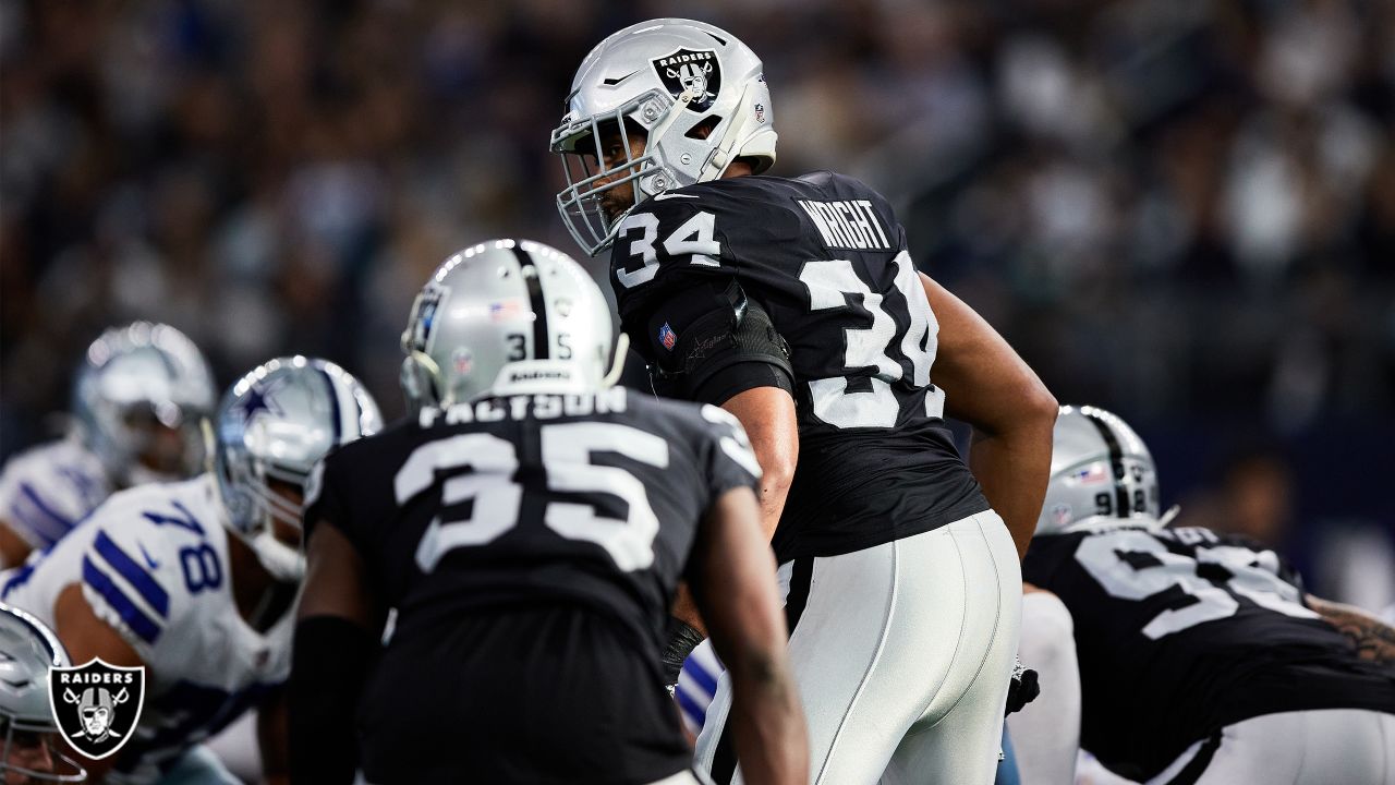 Las Vegas Raiders cornerback David Long Jr. (28) is seen during warm ups  before an NFL preseason football game against the Dallas Cowboys, Saturday,  Aug. 26, 2023, in Arlington, Texas. Dallas won