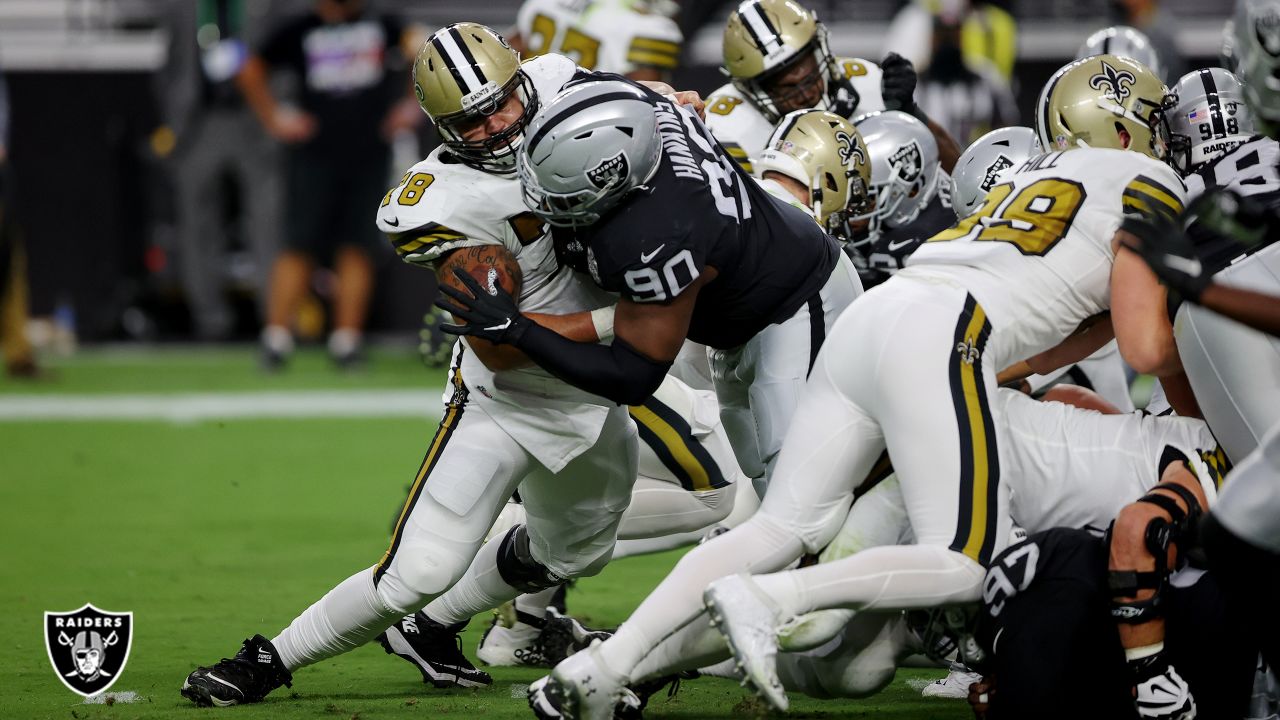 Las Vegas Raiders' Johnathan Hankins reacts after recovering a fumble  during the first half an …