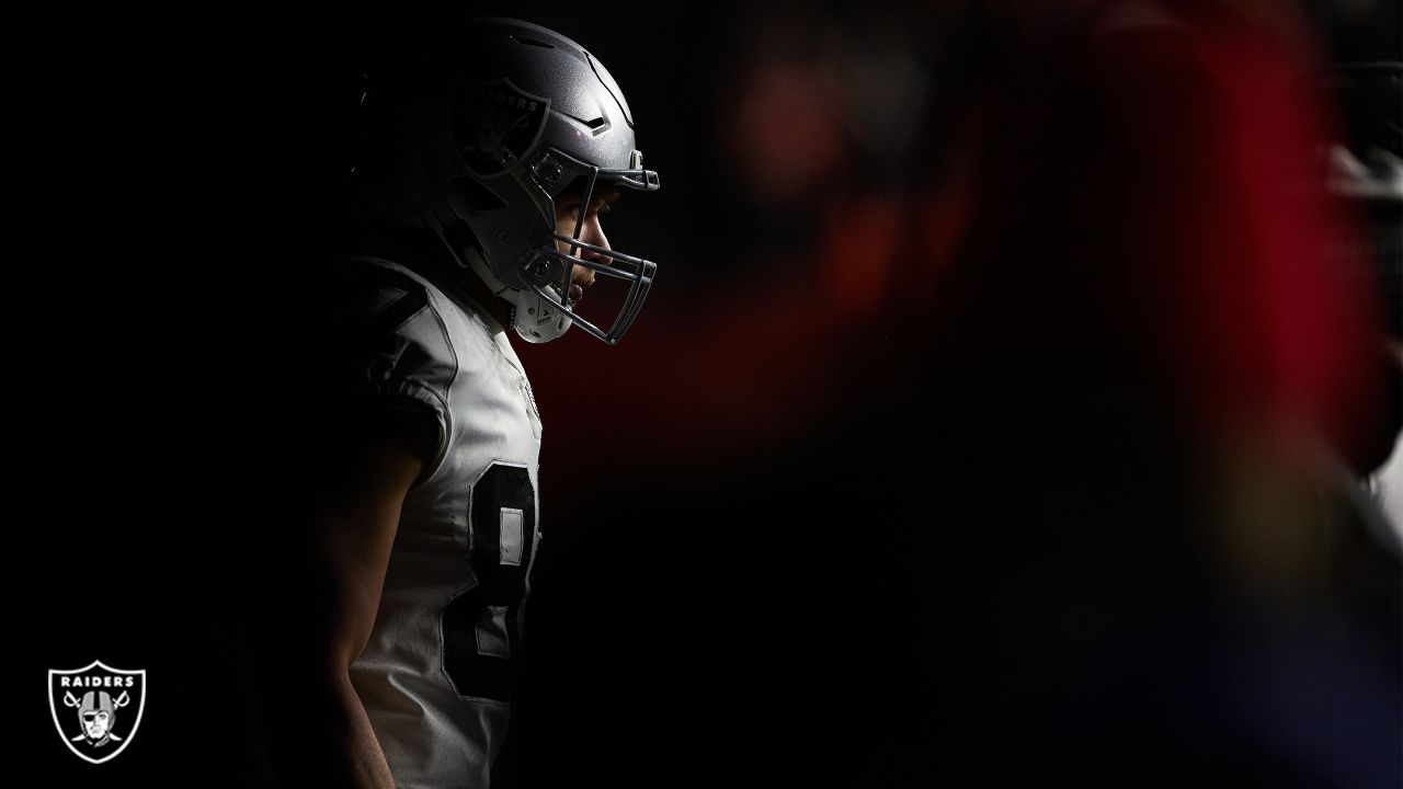 Las Vegas Raiders tight end Foster Moreau (87) warms up during pre-game  before an NFL football game against the Kansas City Chiefs Sunday, Dec. 12,  2021, in Kansas City, Mo. (AP Photo/Peter