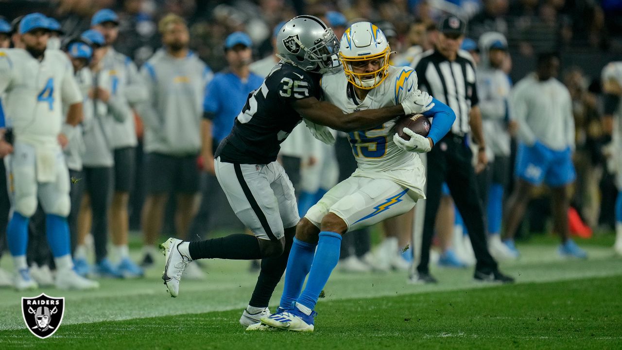 Las Vegas Raiders cornerback Brandon Facyson (35) runs a pass rout against  the Las Vegas Raiders during an NFL Professional Football Game Sunday, Nov.  14, 2021, in Las Vegas. (AP Photo/John McCoy