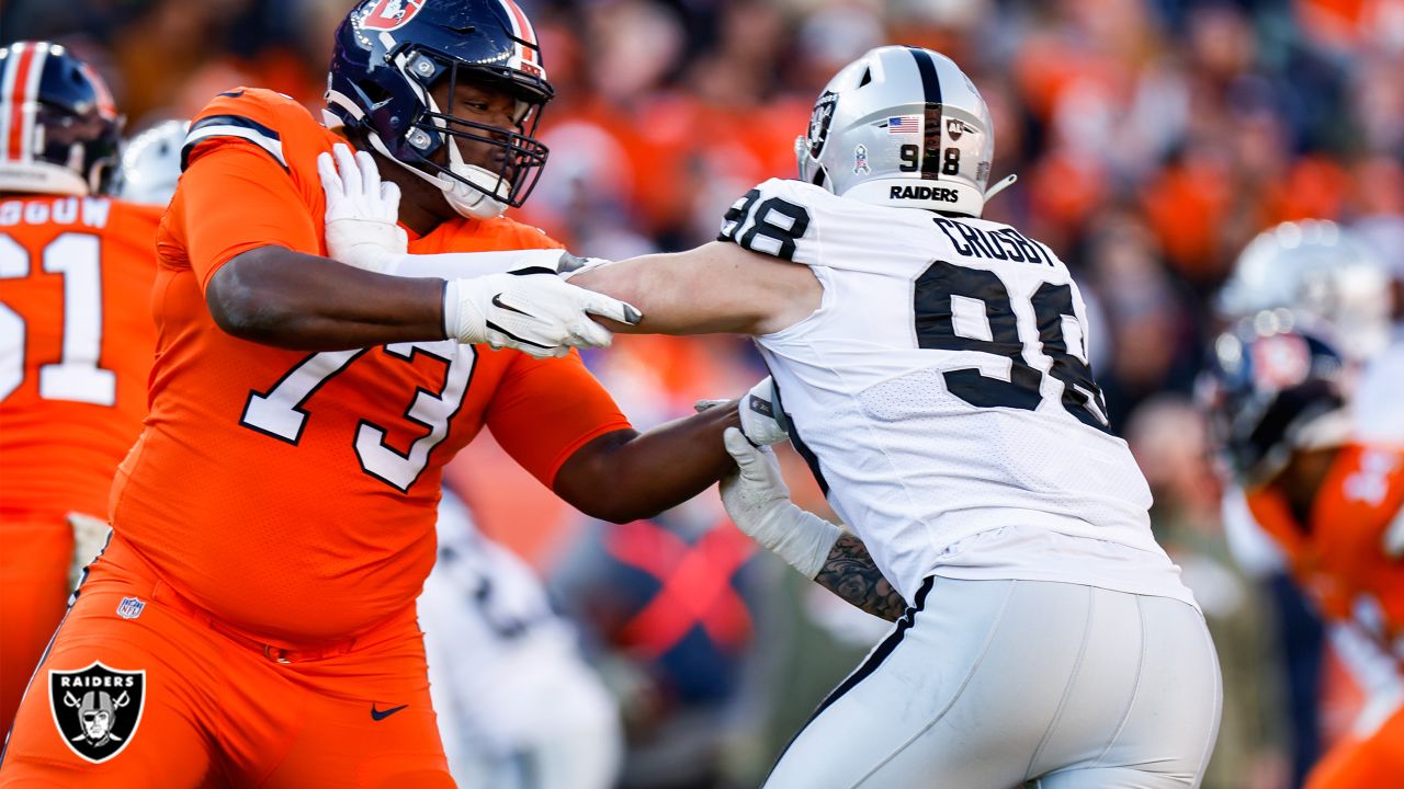 Las Vegas Raiders defensive end Maxx Crosby (98) looks on against the  Denver Broncos during an NFL football game Sunday, Sept. 10, 2023, in  Denver. (AP Photo/Jack Dempsey Stock Photo - Alamy