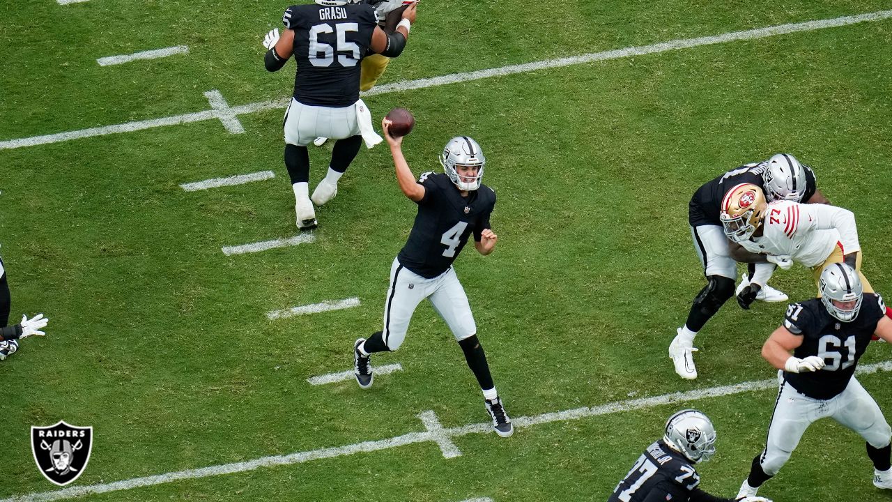 Las Vegas Raiders safety Roderic Teamer (33) celebrates a defensive stop  against the San Francisco 49ers during the first half of an NFL preseason  football game, Sunday, Aug. 13, 2023, in Las