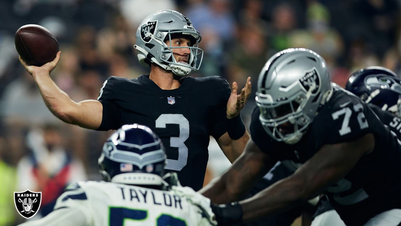 Las Vegas Raiders quarterback Nathan Peterman (3) looks to pass against  Seattle Seahawks during the first