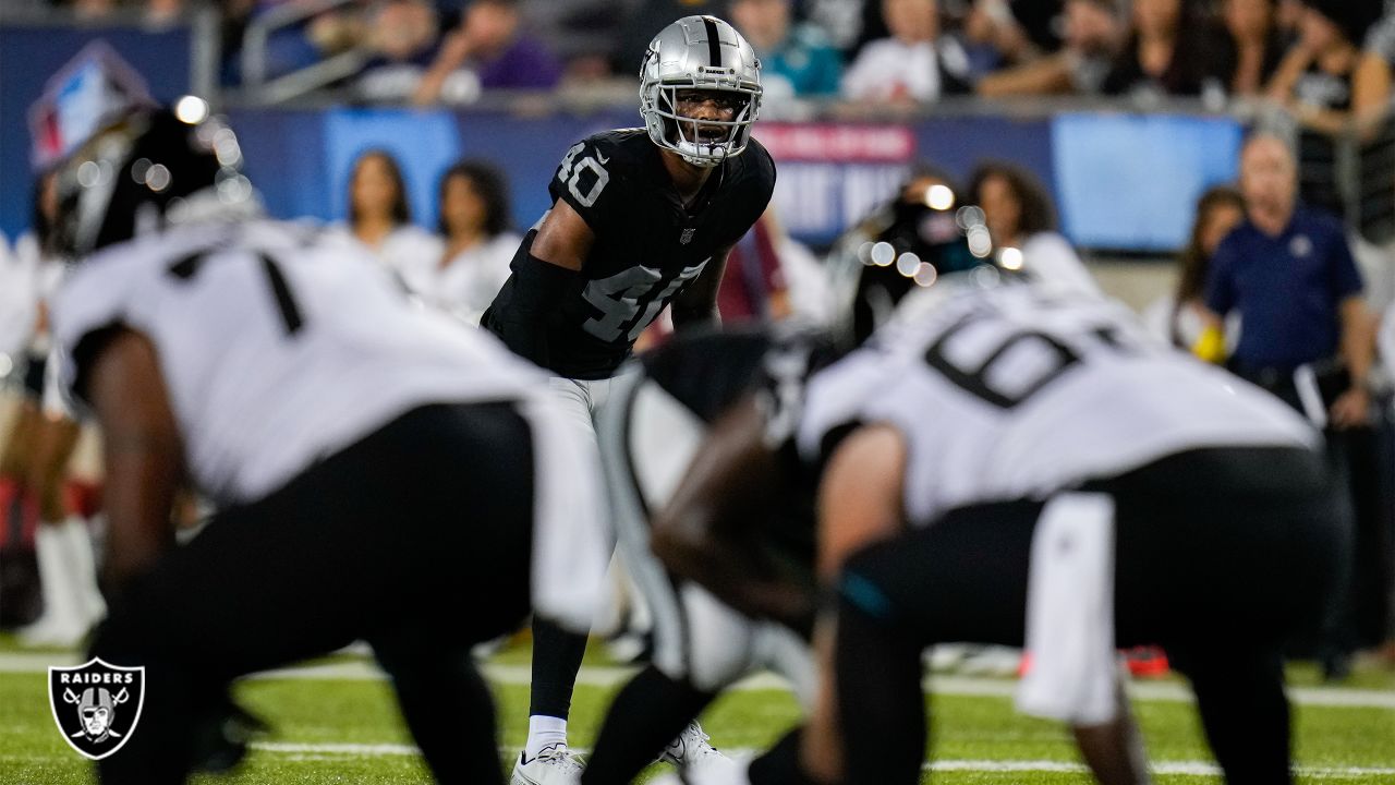 Las Vegas Raiders safety Isaiah Pola-Mao (20) is seen during warm ups  before an NFL preseason football game against the Dallas Cowboys, Saturday,  Aug. 26, 2023, in Arlington, Texas. Dallas won 31-16. (