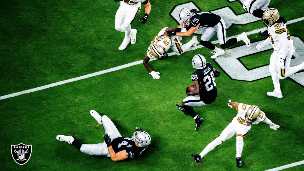 Josh Jacobs going in reverse in the Las Vegas Raiders' 38-10 loss