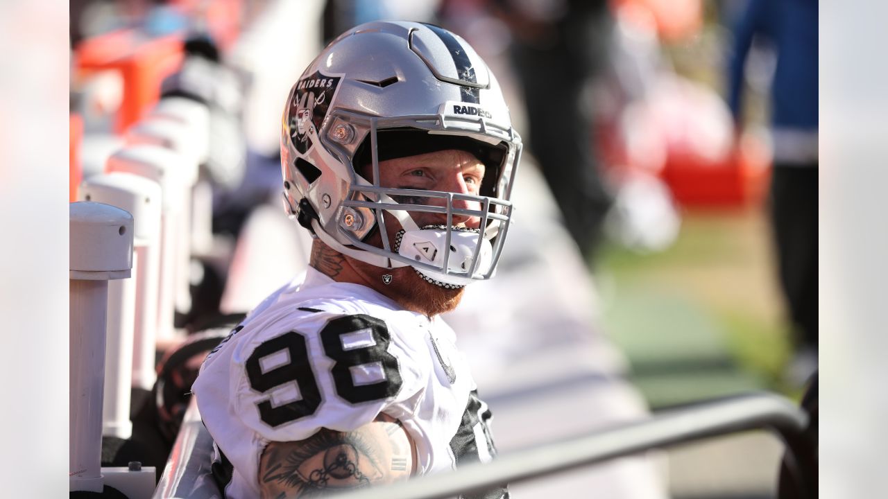 Malcolm Koonce of the Las Vegas Raiders reacts after a play during