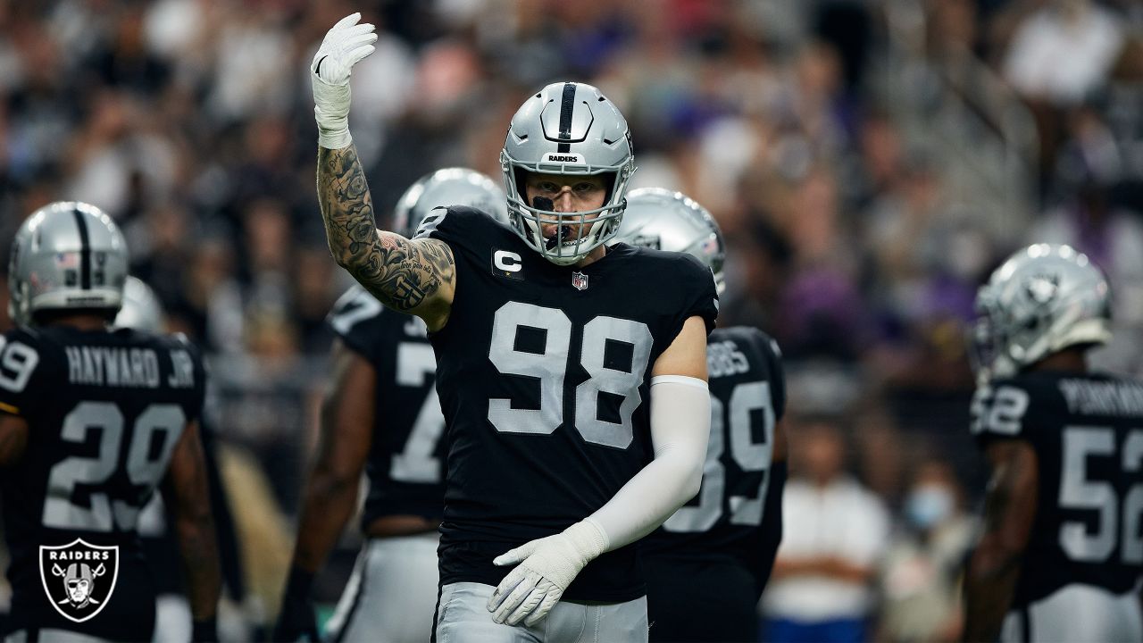 Las Vegas Raiders defensive end Maxx Crosby (98) during the first half of  an NFL football game against the Chicago Bears, Sunday, Oct. 10, 2021, in Las  Vegas. (AP Photo/Rick Scuteri Stock