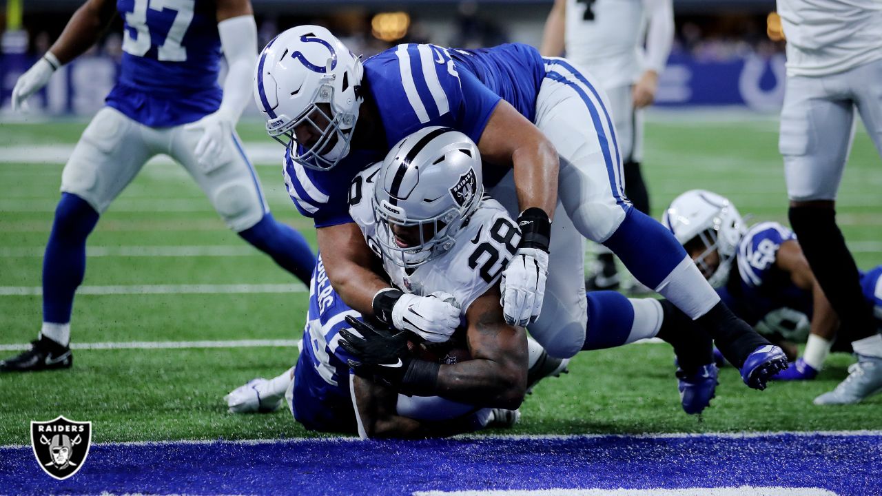 Indianapolis, Indiana, USA. 02nd Jan, 2022. Las Vegas Raiders running back  Josh Jacobs (28) during pregame of NFL football game action between the Las  Vegas Raiders and the Indianapolis Colts at Lucas