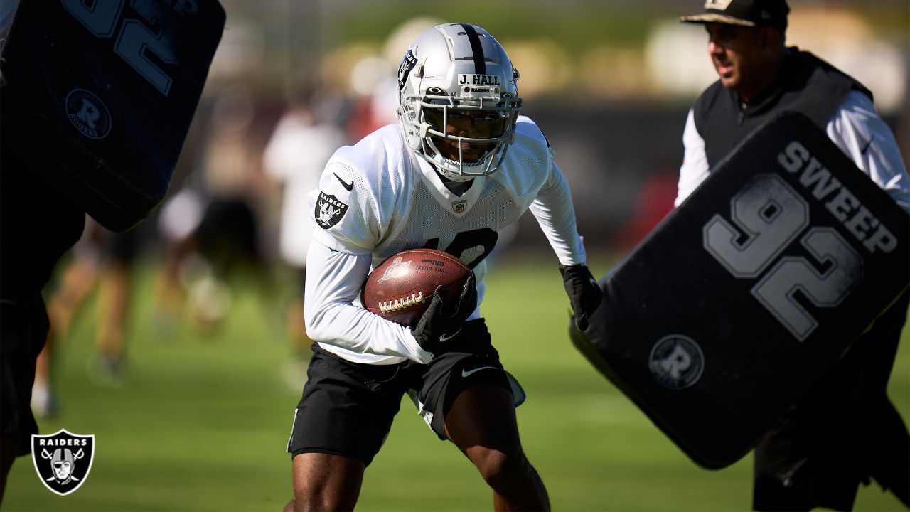 Las Vegas Raiders wide receiver Justin Hall (12) practices during