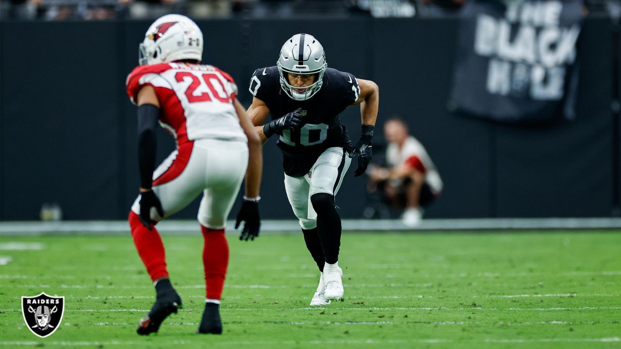 Mack Hollins of the Las Vegas Raiders lines up during an NFL game in  2023