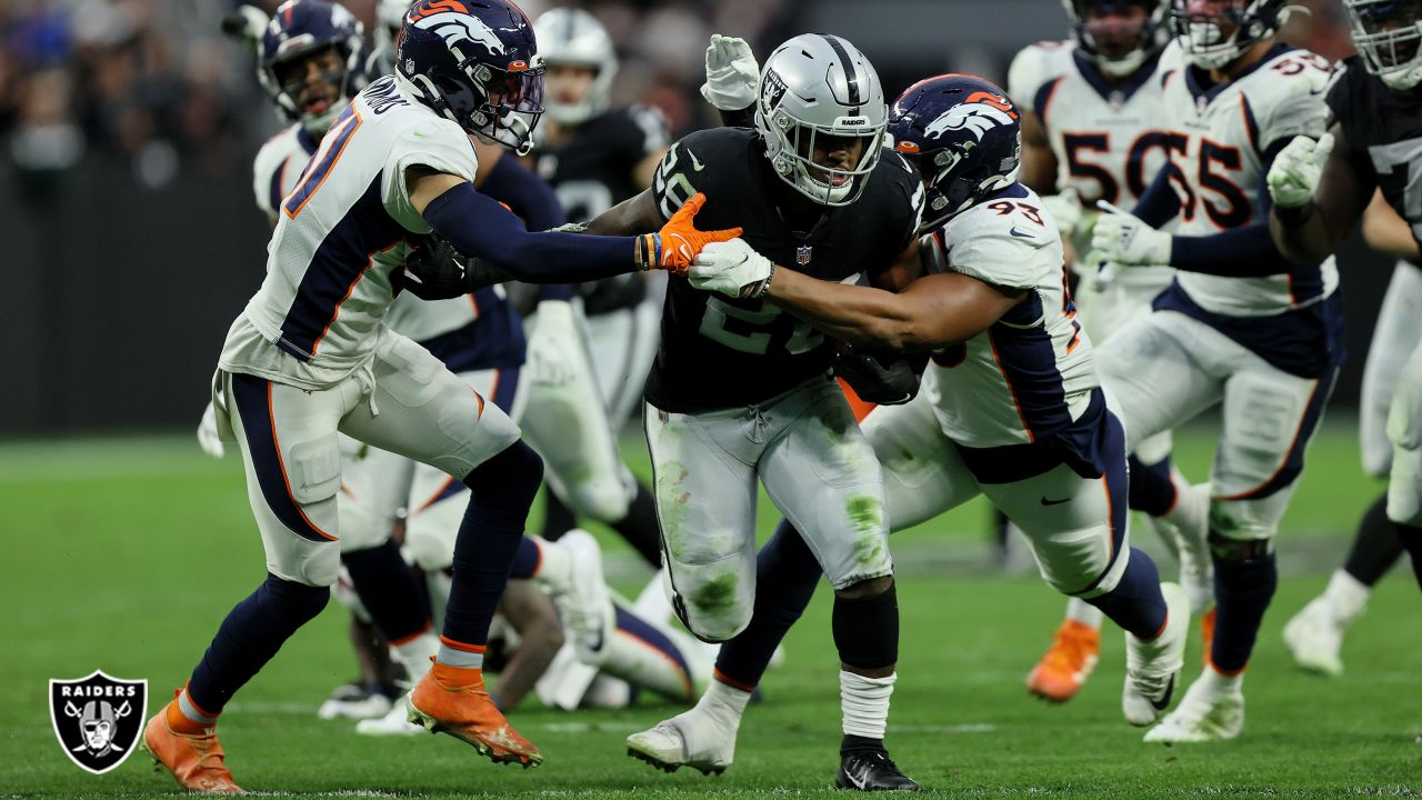 Las Vegas Raiders running back Josh Jacobs (28) leaves the field against  the Indianapolis Colts during the first half of an NFL football game,  Sunday, Nov 13, 2022, in Las Vegas. (AP