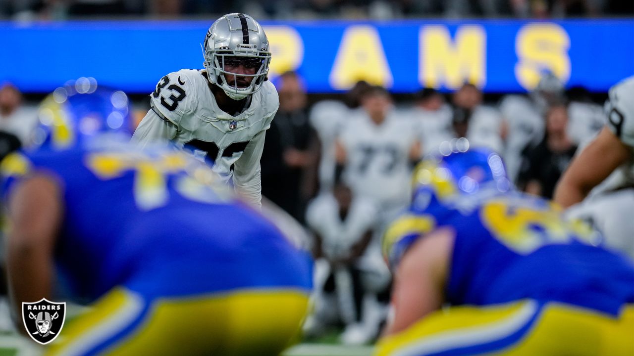 Las Vegas Raiders safety Roderic Teamer (33) celebrates a defensive stop  against the San Francisco 49ers during the first half of an NFL preseason  football game, Sunday, Aug. 13, 2023, in Las