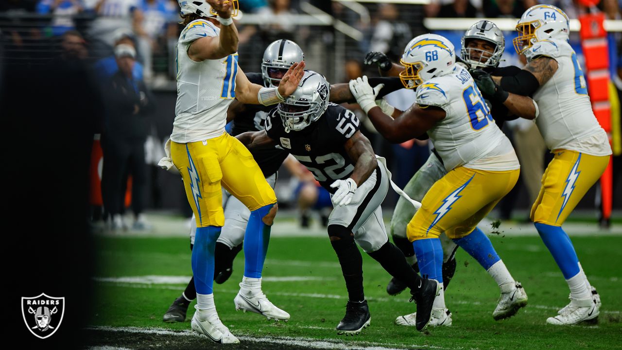 Los Angeles Chargers tight end Tre' McKitty (88) is tackled by Las Vegas  Raiders cornerback Nate Hobbs (39) during the first half of an NFL football  game, Sunday, Dec. 4, 2022, in