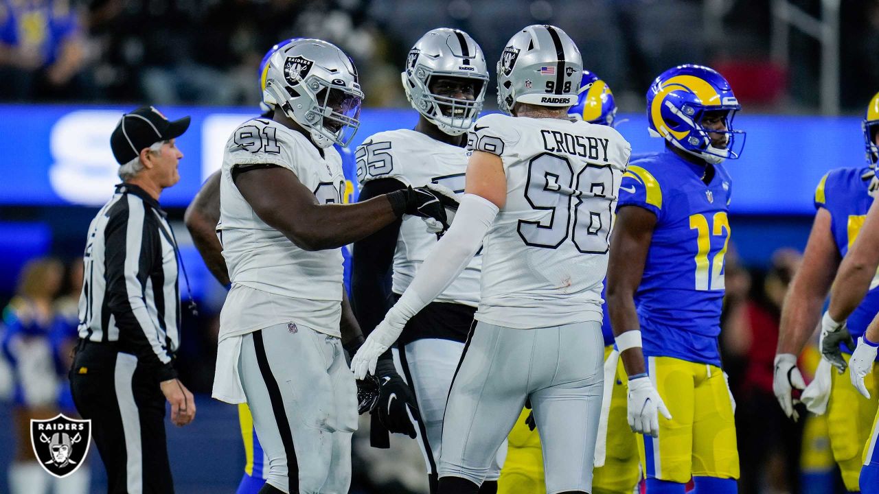 Las Vegas Raiders defensive tackle Bilal Nichols (91) reacts after a  touchdown against the Los Angeles Chargers during the first half of an NFL  football game, Sunday, Dec. 4, 2022, in Las